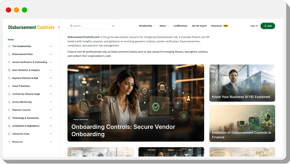 DisbursementControls.com — the membership resource for disbursement controls, vendor verification and payment risk